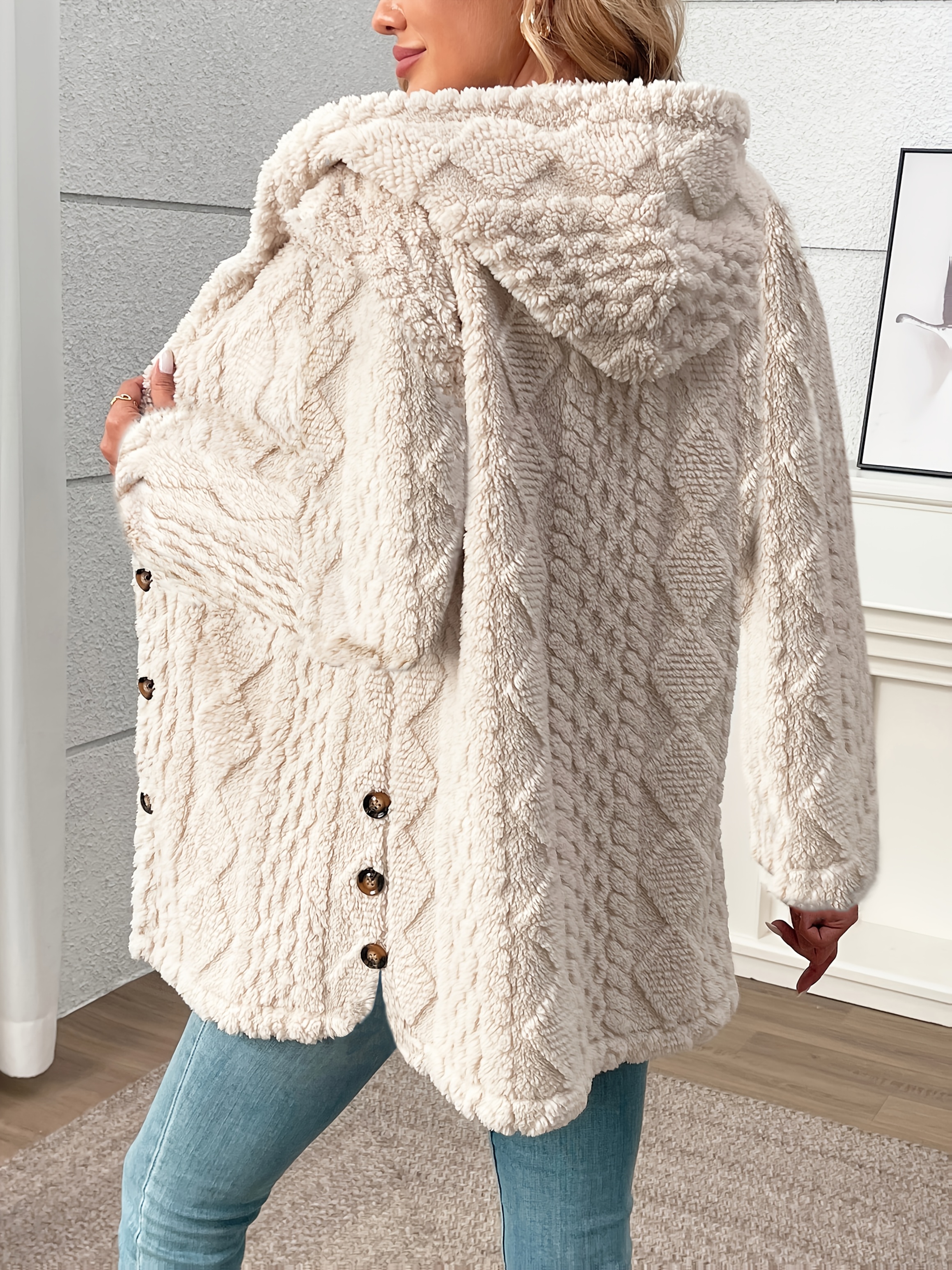 Vrouwen's Elegante Rhombus Textuur Hooded Teddy Bear Jas