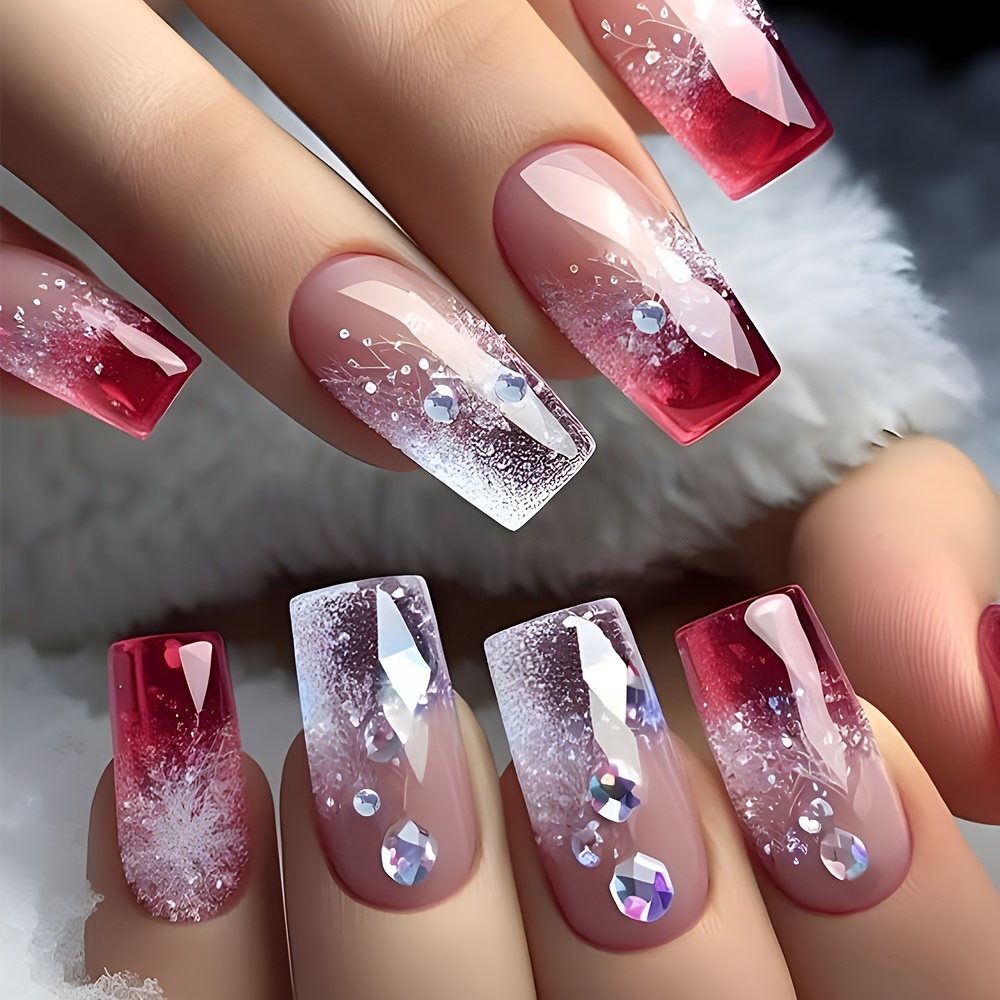 

24pcs Luxurious Pink And Red Gradient Press-on Nails Set, Medium Ballet Nail Shape, With Glitter And Rhinestones, Reusable Artificial False Nails For Women