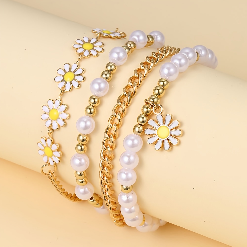 Boho-chic Daisy Beaded Bracelet For Women - Versatile & Simple Alloy Fashion Accessory, Perfect For Casual Attire