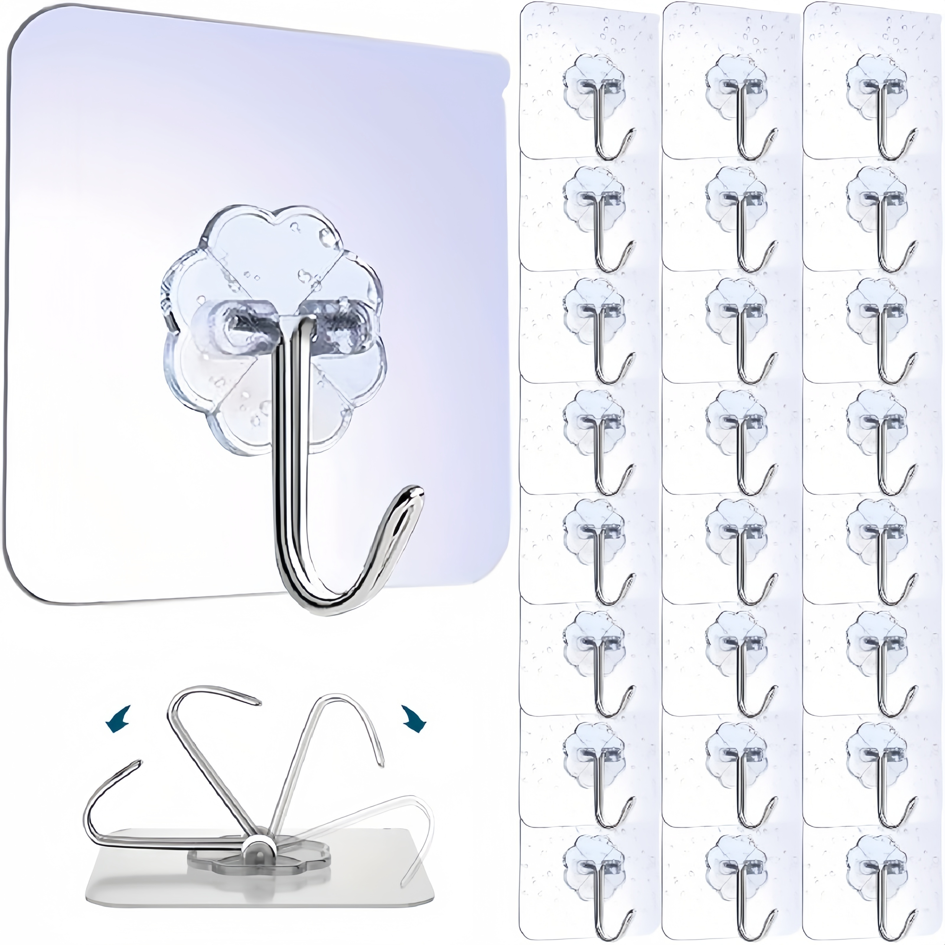 Large Adhesive Hooks for Hanging Heavy-Duty 44Ib(Max) 20 Packs, Wall Hooks  Without Nails Self-Adhesive Traceless Clear and Removable, Waterproof and