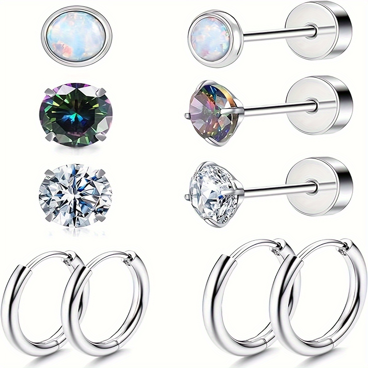 

10 Pieces Stainless Steel Statement Earrings - Flat Back 20g Stud And Hoop Earrings With Opal Balls And Cubic Zirconia - Great For Sensitive Ears