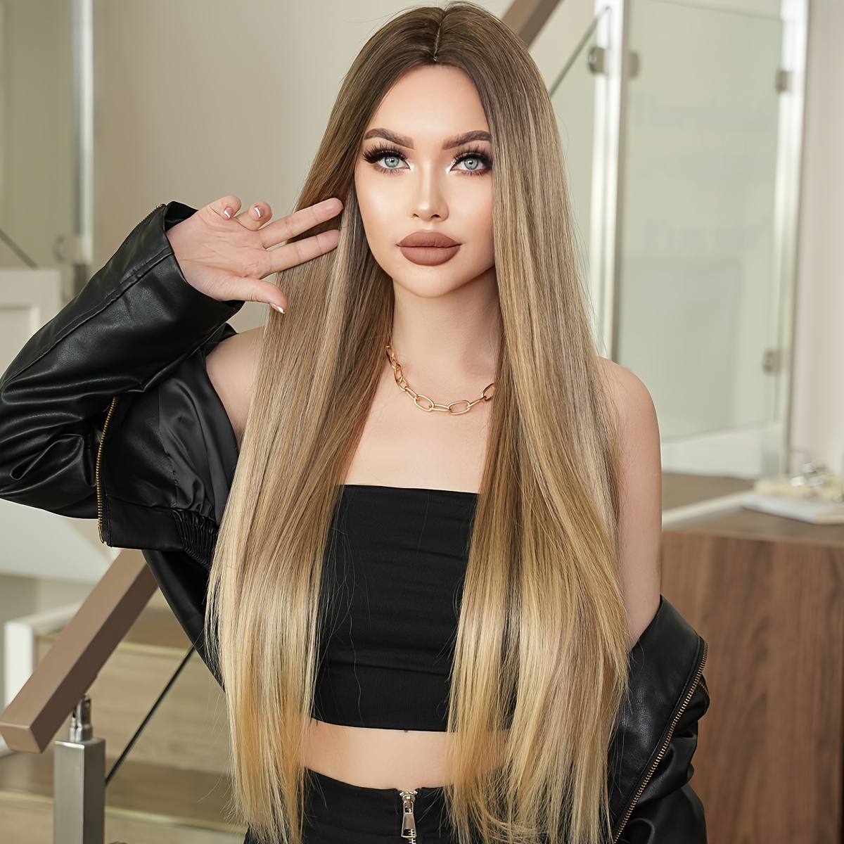 

Long Straight Layered Blonde Wig With Dark Roots Synthetic Middle Part Golden Brown Hair Wigs For Women Daily Use Heat Resistant Beginner Friendly 34inch