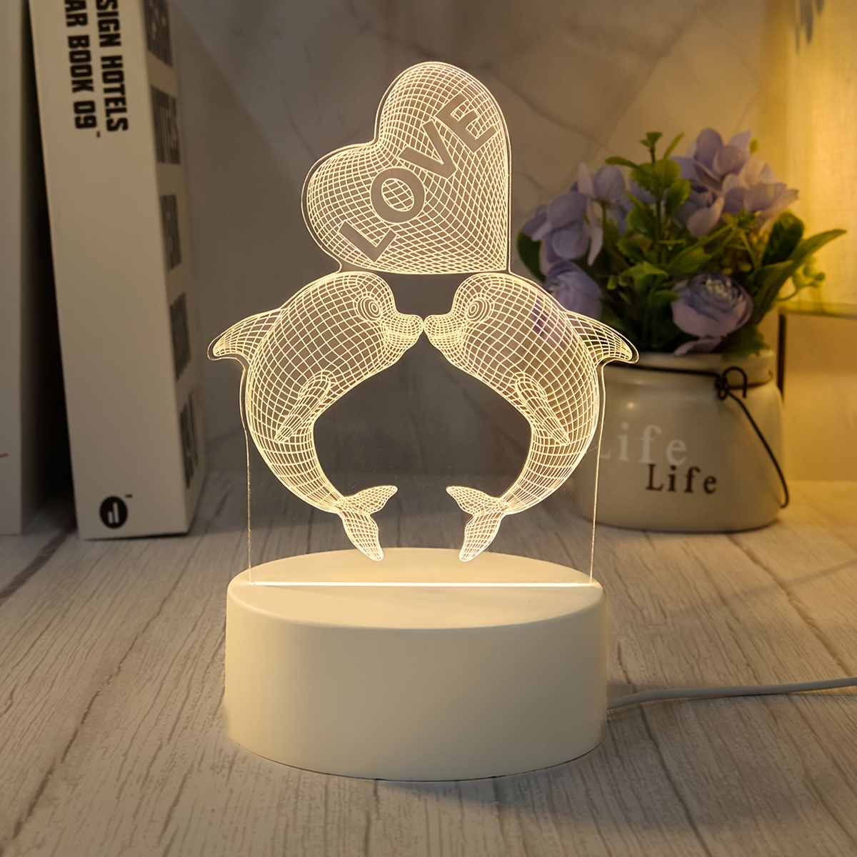 

3d Dolphin & Heart Night Light - Usb Powered, Bedroom & Home Decor, Ideal Valentine's Day Gift