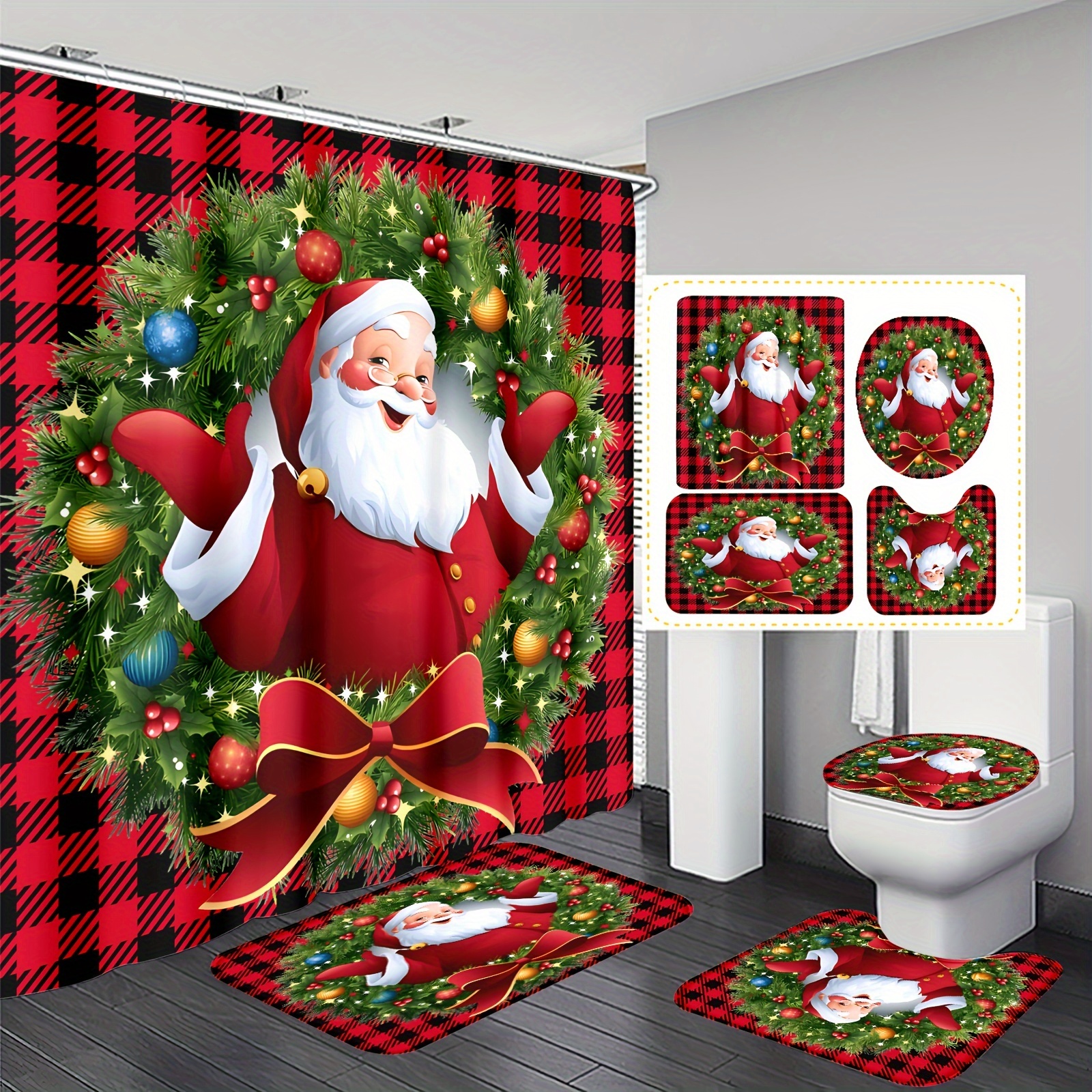 

Santa Claus Christmas Bathroom Set With Red Waterproof Polyester Bath Drapes, 1pc/4pc Home Decor With 12 Hooks, Non-slip Mats, U-shaped Rug, Toilet Lid Cover For Use