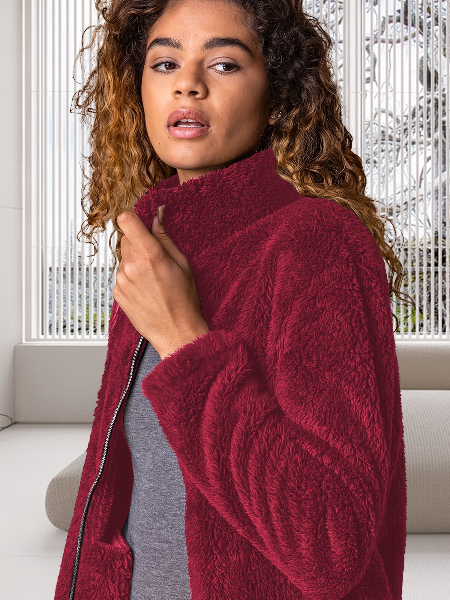 plus size womens winter arctic fleece jacket cozy zip up casual outerwear with pockets machine washable solid color regular fit long sleeve for fall winter winter jacket plush texture 2