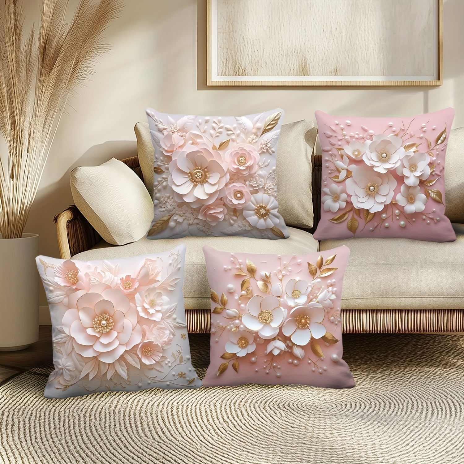 

de 4 Housses de Coussin Contemporaines à - Fleurs et Blanches Imprimées en 3D, 18x18 Pouces - , le Canapé, la Décoration de Chambre - Lavable en Fermeture Éclair (Inserts Non )