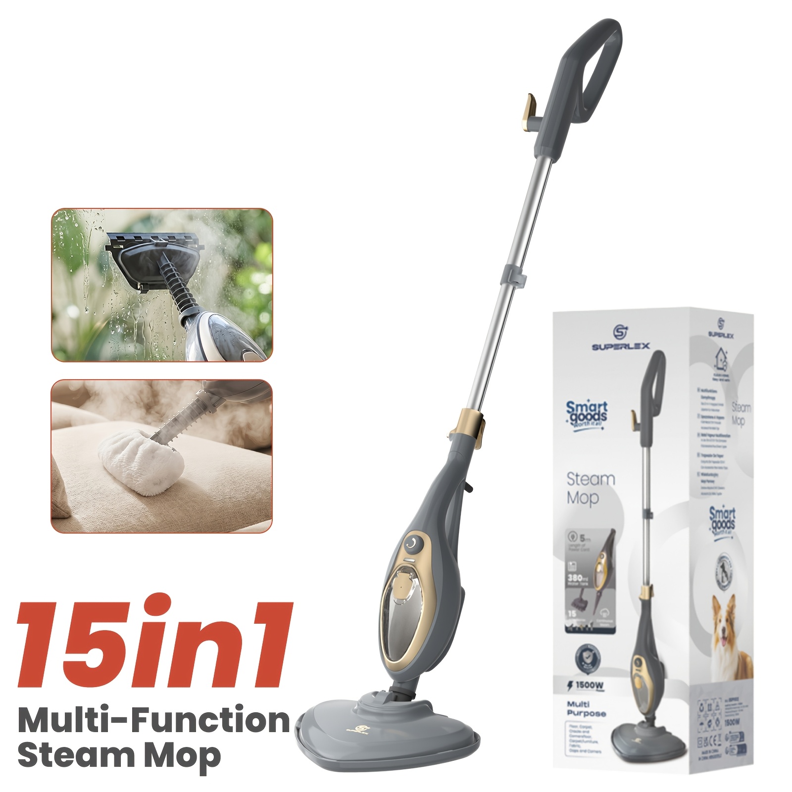 TEMU Superlex Steam Mop With 12 Additions 1500w 2-in-1 Floor Steamer And Handheld Steam Cleaner With 20-25s -up, Variable Steam Control Electric Mop