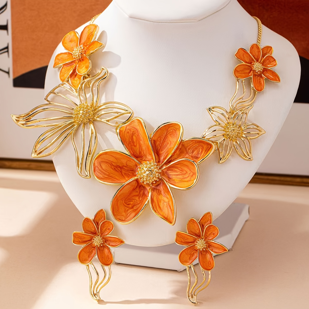 TEMU Ensemble 3 pièces collier et boucles d'oreilles en alliage avec fleur ajourée, convient pour , les fêtes et pour femme