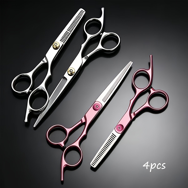 TEMU 4pcs Hair Cutting Scissors Set - 4pcs Rose Red + Silvery Hairdressing Scissors Set, Hair Styling Scissors, Straight Blade Scissors For Bangs,