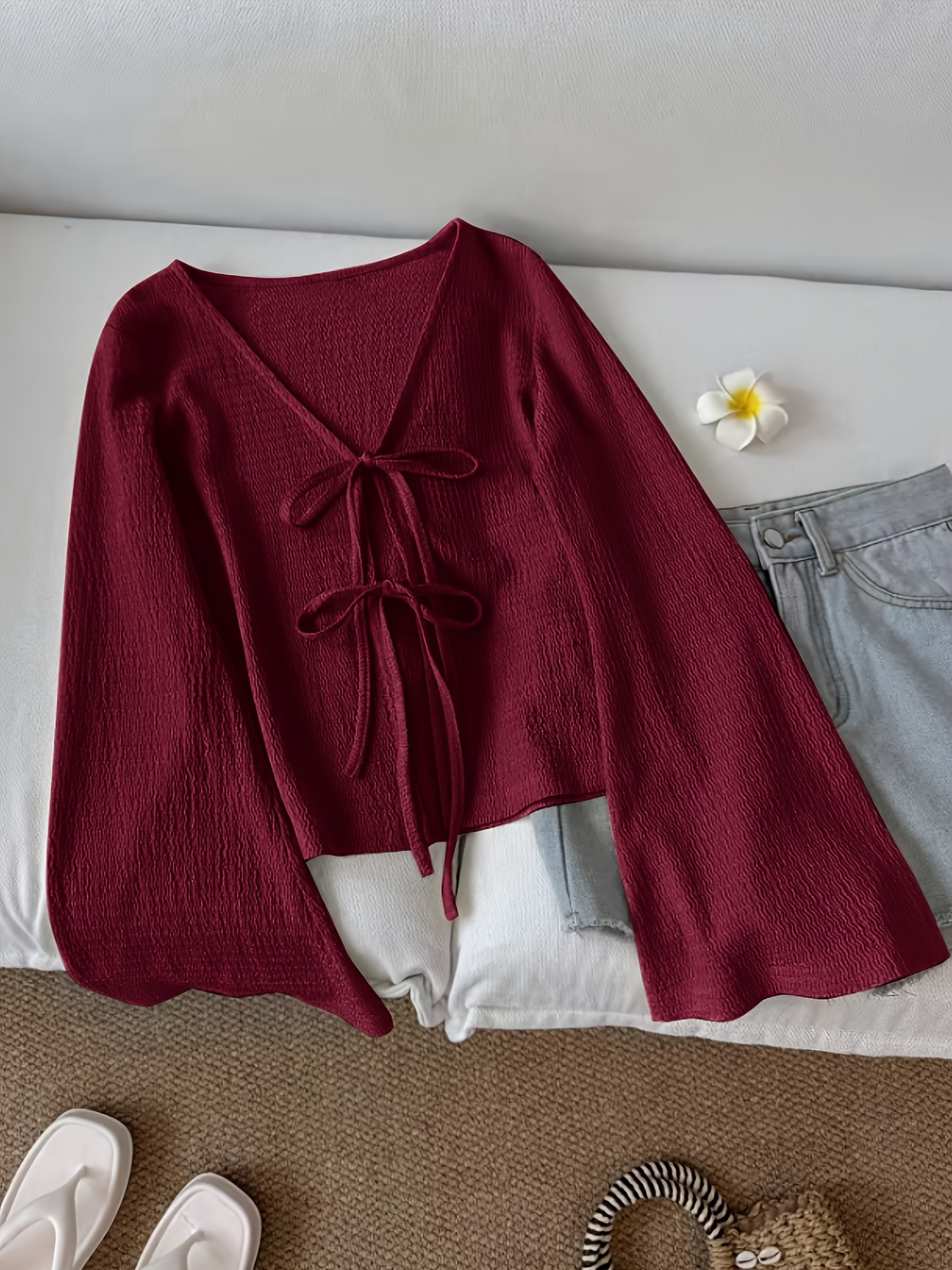 solid color front tie bow open front fashion flared sleeve blouse new womens short top  