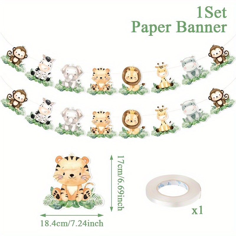 Image of 1set Jungle Animals Paper Banner, Cartoon Forest Animals Theme Birthday Paper Wall Hanging Garland Banner, Jungle Animals Theme Birthday Backdrop Decorations