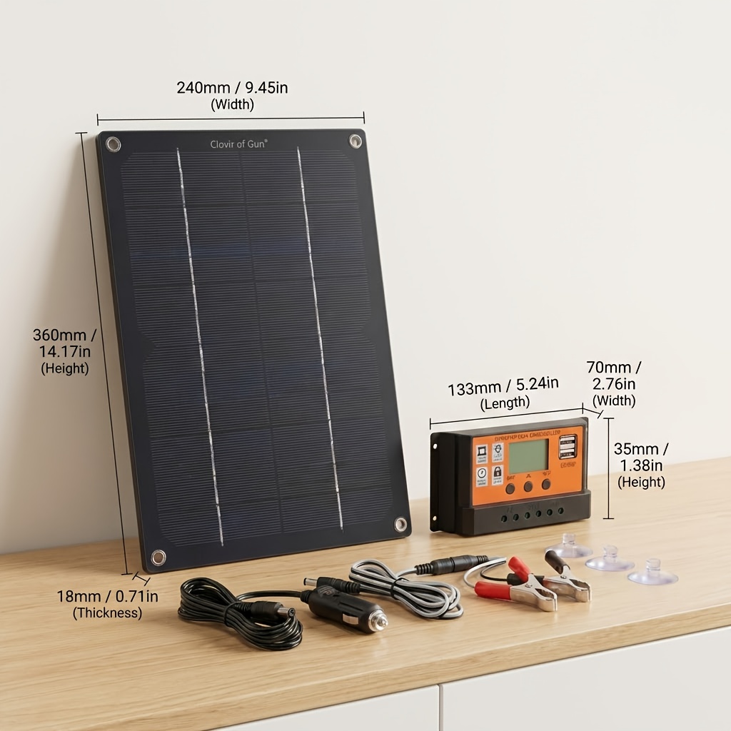 Kit de Panel Solar, con Controlador de Carga Solar y Cable de Extensión | Viene con Clip para Batería | Adaptador para Barco/Motocicleta/RV/Luces de Exterior/Cámara/Generador Solar | Fuente de Alimentación Unificada para Escenarios Off-Grid