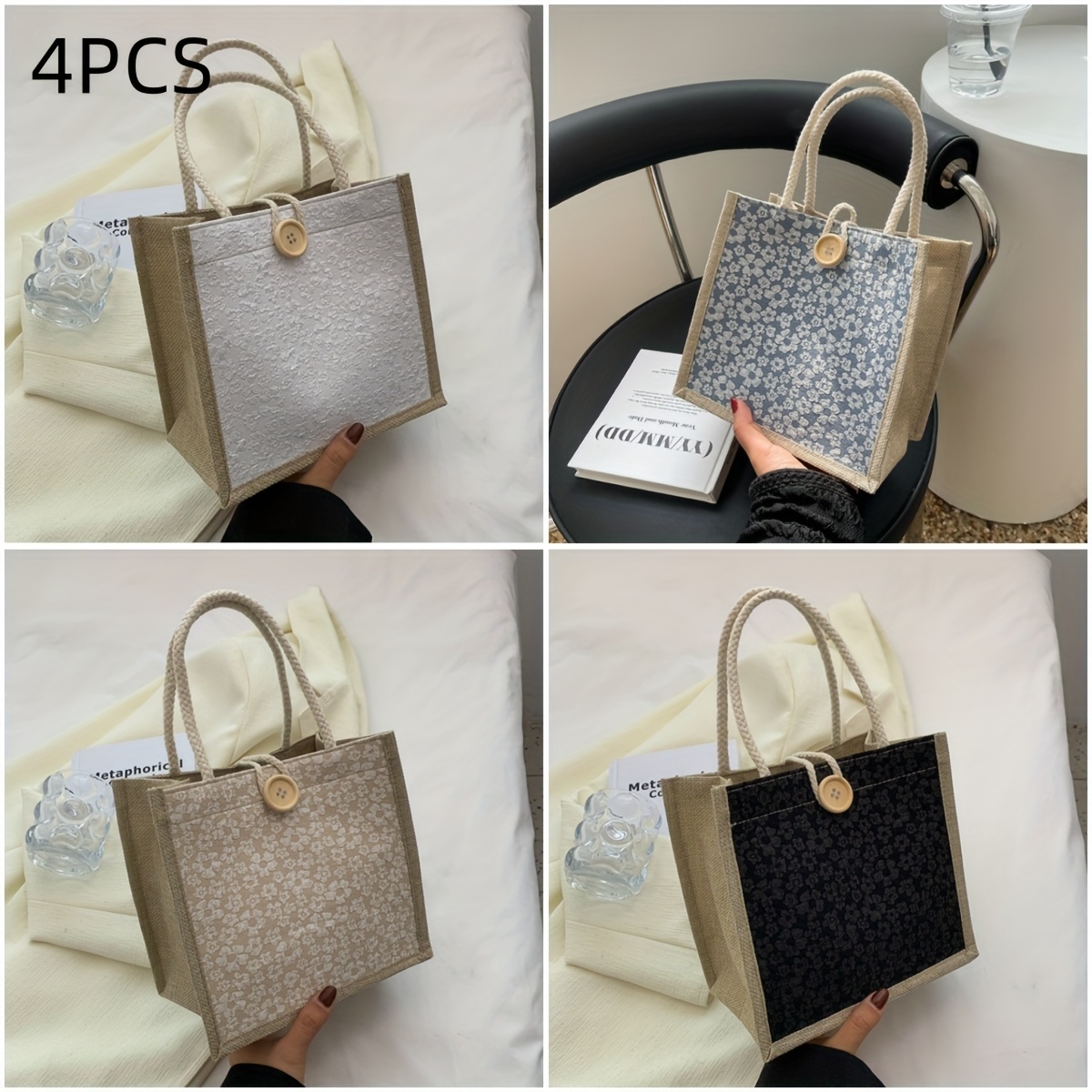 TEMU 4pcs Set: Beige, Blue, Black Jute Rope Storage Gift Tote Bags, Suitable For Daily Accessory Storage, Outing Storage, Wedding, Party Gift Bags,
