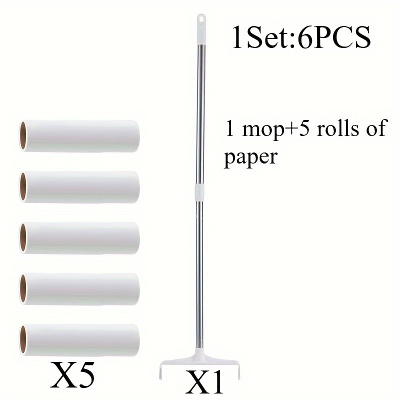 E-shop 6er-Set (5 Rollen Papier + 1 Mopp-Haarentfernungsgerät mit langem Stiel, einziehbare Kleiderbürste, Katzenhaar-Haushaltsbodenreinigungswerkzeug,