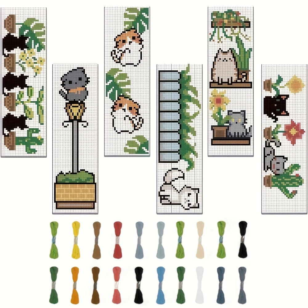 

6-pack Cat-themed Stitch Bookmarks Kit, Nylon Embroidery Set With Manual, Random Colors, Animal Patterns, Diy Craft Gift For Beginners