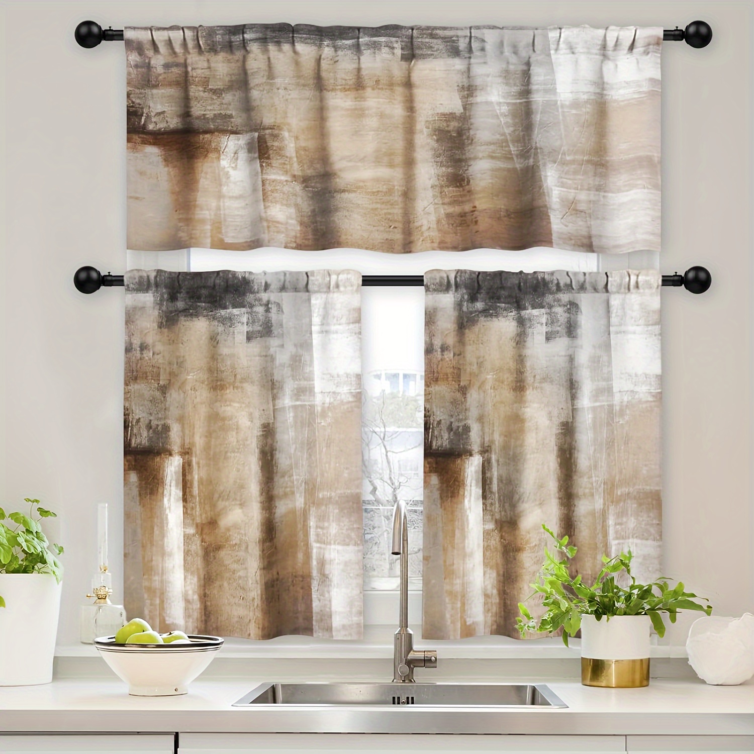 

Kitchen Curtains And Valances 3 Piece Set, Valance Curtains For Kitchen Windows, 36 Inch Beige Modern Abstract Art Kitchen Curtains Tiers And Valances For Cafe Living Room Window Decor, Beige