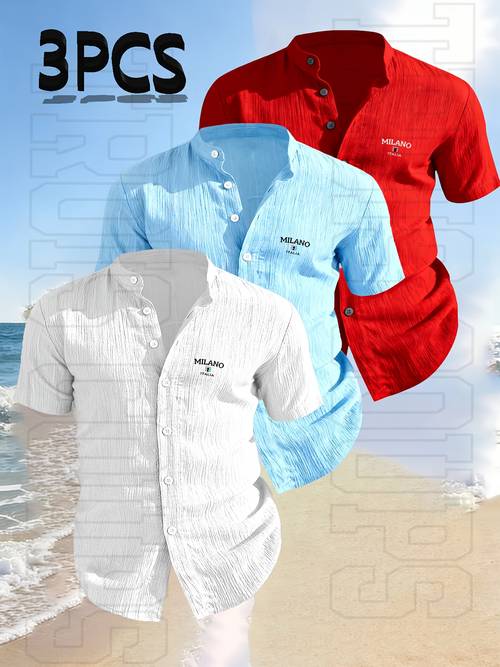 meobom 3pcs set new 2026 mens apparel collar solid color shirt geometric pattern spring quality mens short sleeve stand collar button shirt t shirt suitable for beach vacations outdoor formal wear