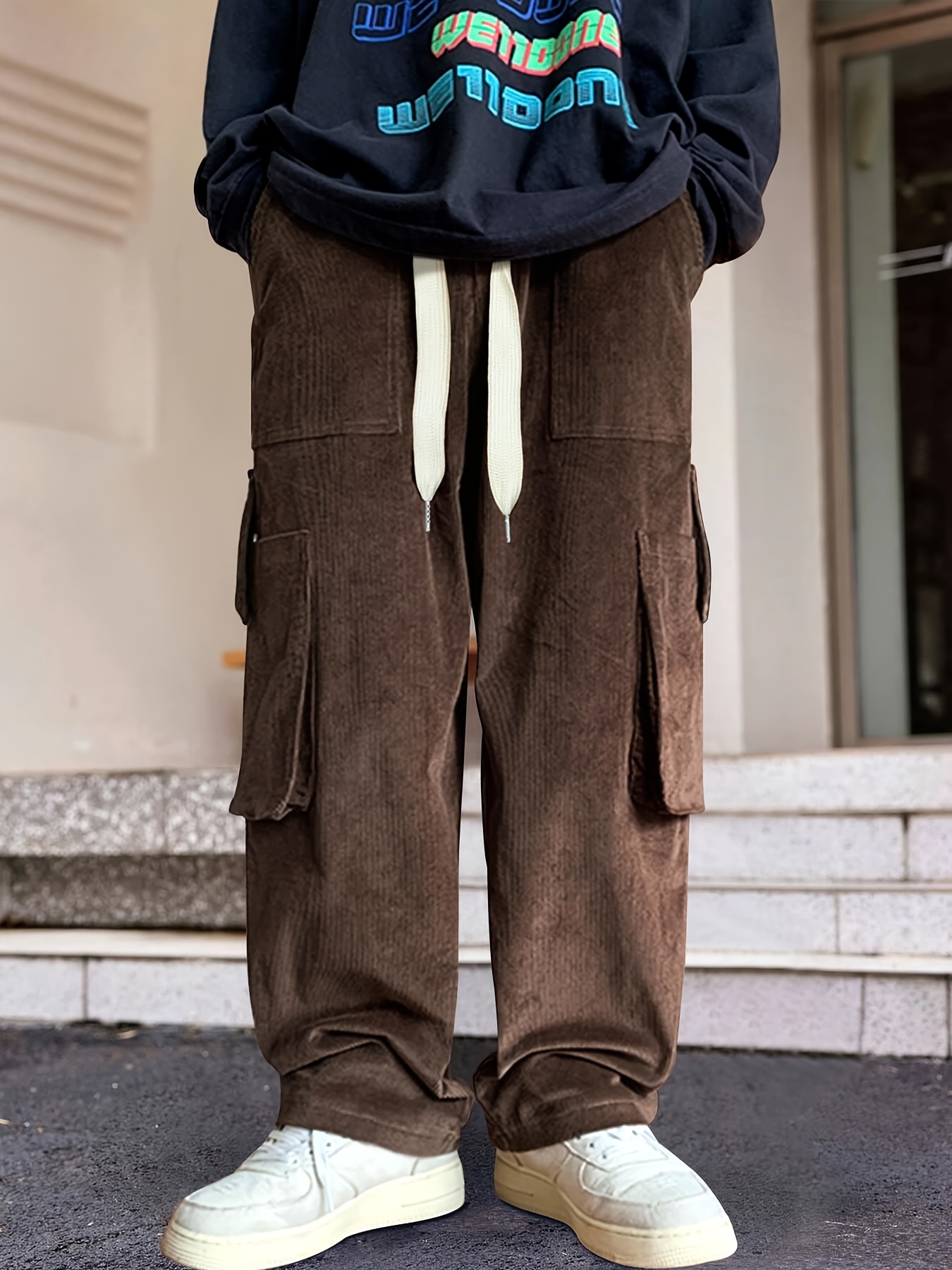 うー　order loose corduroy pants Vintage Corduroy Pants Women Baggy Drawstring Elastic Waist