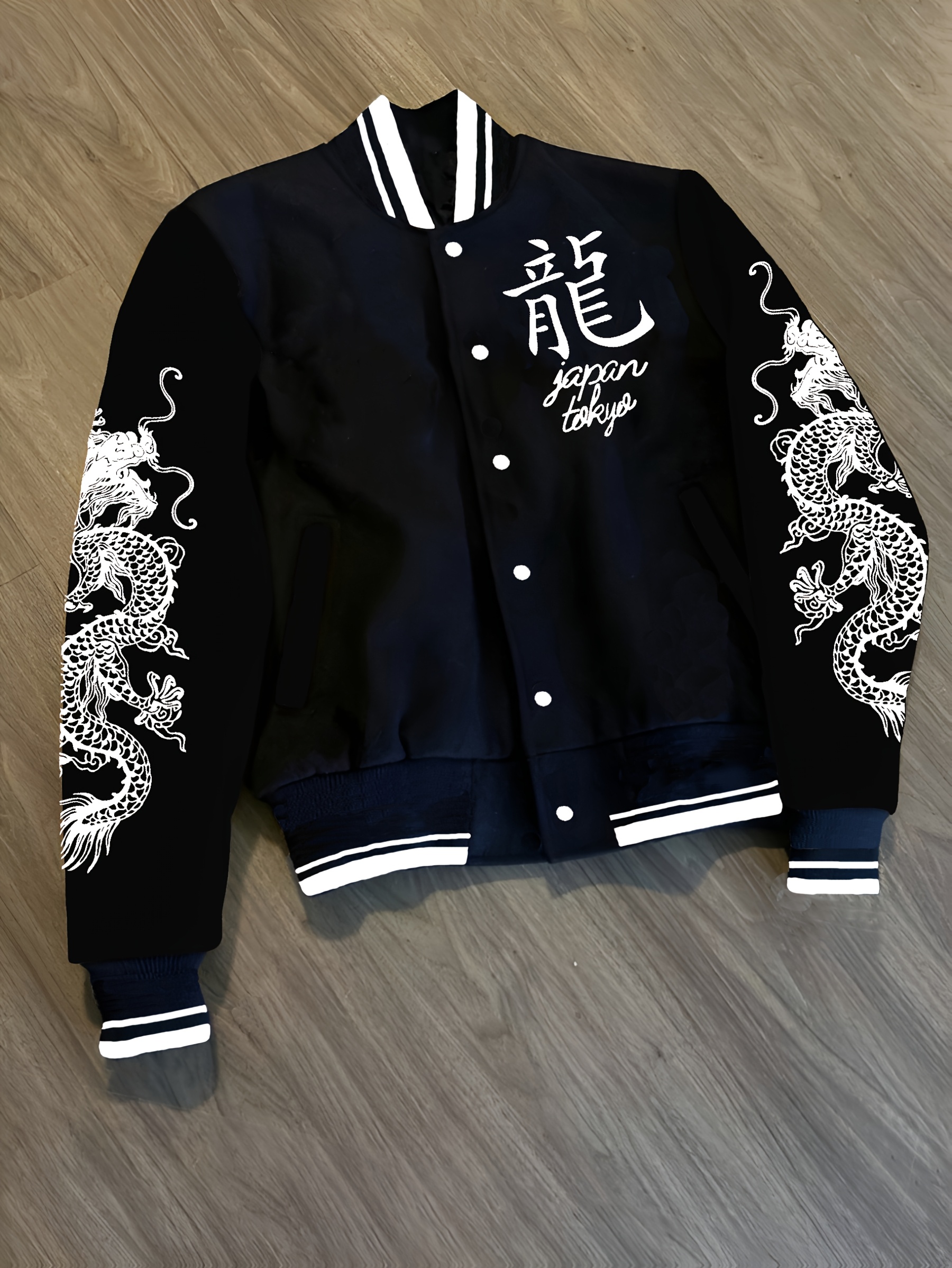 mens fleece lined baseball jacket with dragon embroidery   lettering lightweight warm casual streetwear coat snap closure machine washable green yellow   street style clothing snap button closure ribbed cuffs   seasonal coat   durable   fashion enthusiasts