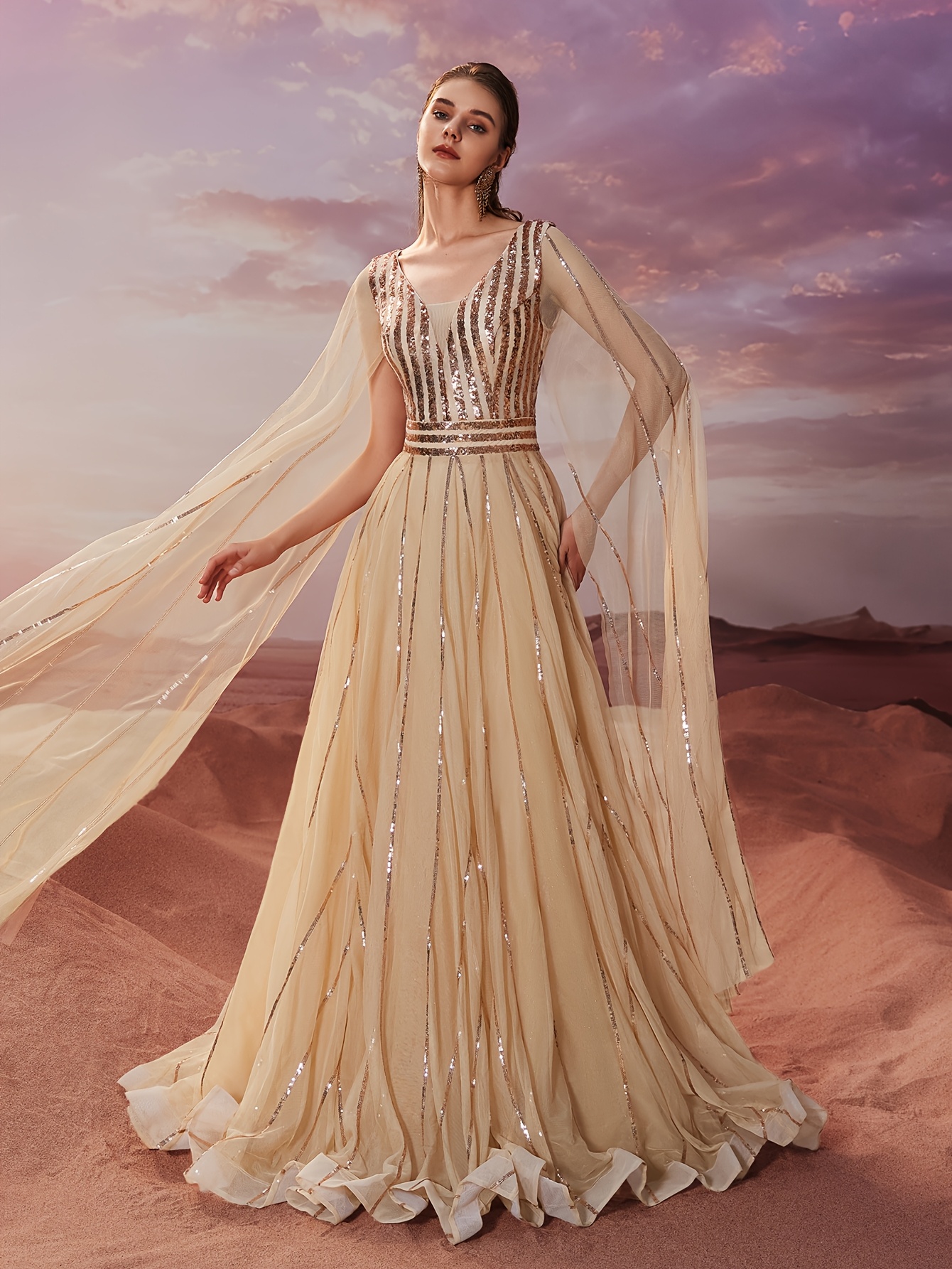 Women Chiffon Formal Evening Dress Ball Gown Night Dress Maxi Dress Cape  Long Sleeve Striped Sequin Elegant Fairy Prom Party Wedding Guest Birthday  Ba