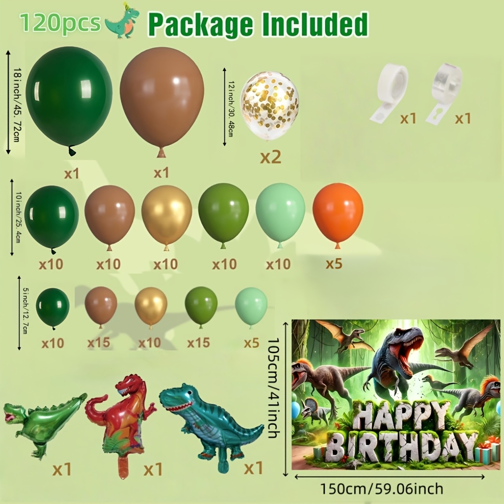 120pcs Dinosaur Theme Balloon Garland And Orange Happy Birthday Print Party Decorations For Kids Birthday Parties I Perfect For Halloween Back To School