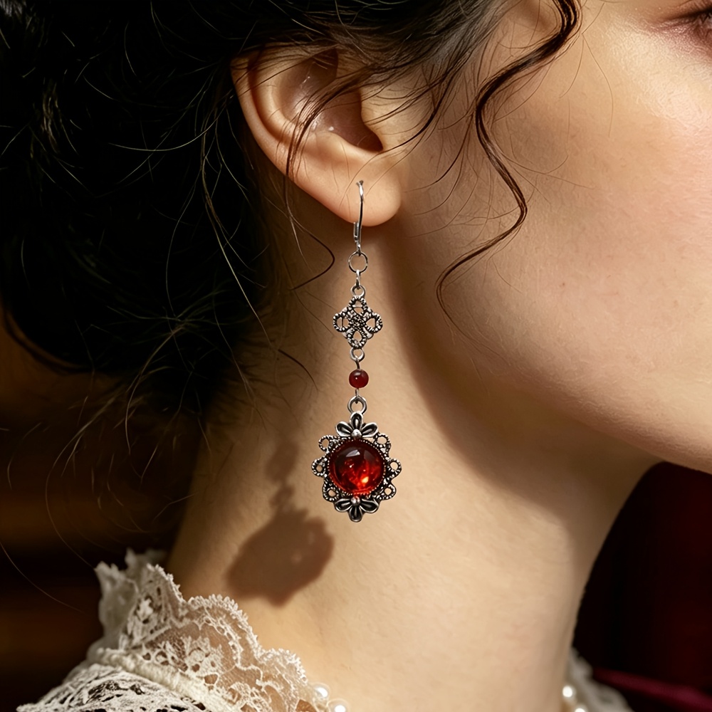 TEMU Vintage Victorian Long Gemstone Drop Earrings, Distressed Openwork Lace Earrings For Women, Niche Ear Jewelry