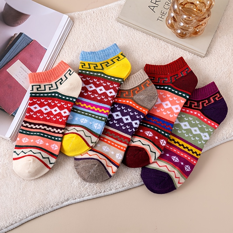 E-shop Zufällige 5 Paar Damen Frühlingssocken - Ethnische Vintage Kurzsocken - Japanische Literatur Harajuku Multicolor Bootssocken Dickes Garn Low Cut