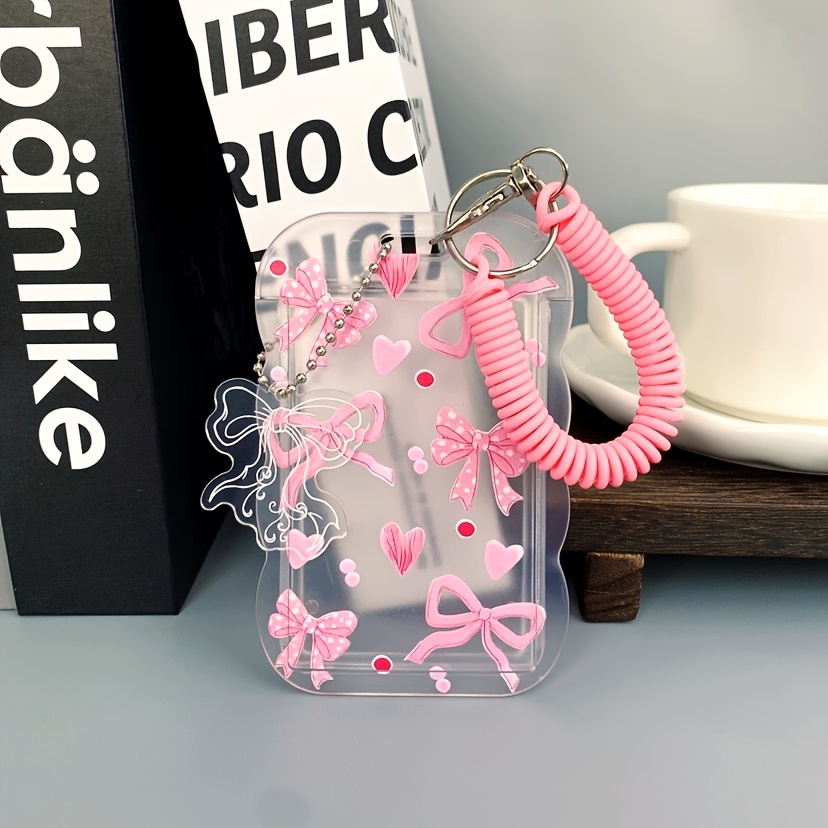 TEMU Porte-cartes à couvercle coulissant 2D en ABS durable — Thème nœud à ruban pour filles — portable à ressort avec dragonne, convient pour ranger