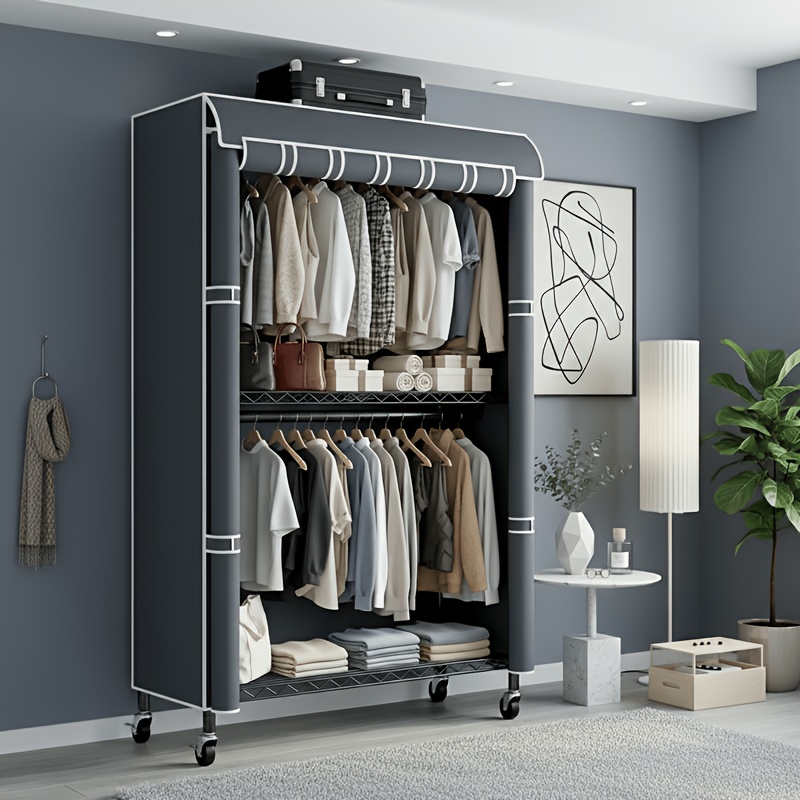 TEMU Organisateur de penderie portable robuste avec housse, portant à vêtements roulant à 4 roues, portant à vêtements couvert pour vêtements