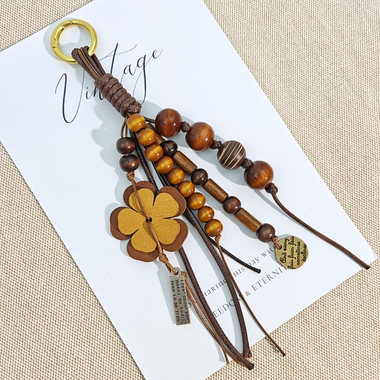 TEMU Vintage Boho Wooden Bead Keychain, Multi-strand Braided Cord Pendant With Metal Tags, Universal Hanging Ornament For Keys, Handbags, Cell Phones