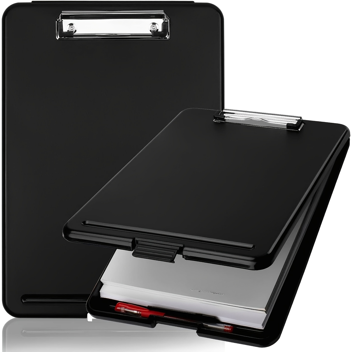 A4 Clipboard With Storage - Foldable Plastic W/low Profile Clip, Black - Compact Portable Organizer For Office, Nursing, Medical, Office Organization