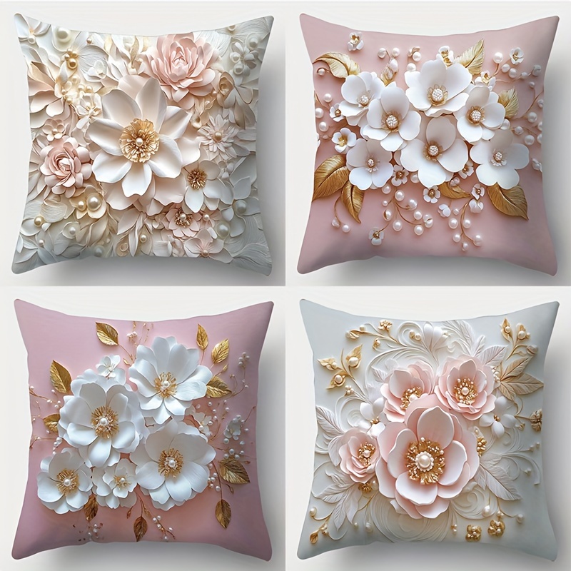 

4 pcs nouveau coussin de fleur - fleurs roses et blanches imprimées en 3D, 17,72 « x17,72 » convient pour , le canapé, le lit, à coucher, la décoration de - pas de noyau d’oreiller