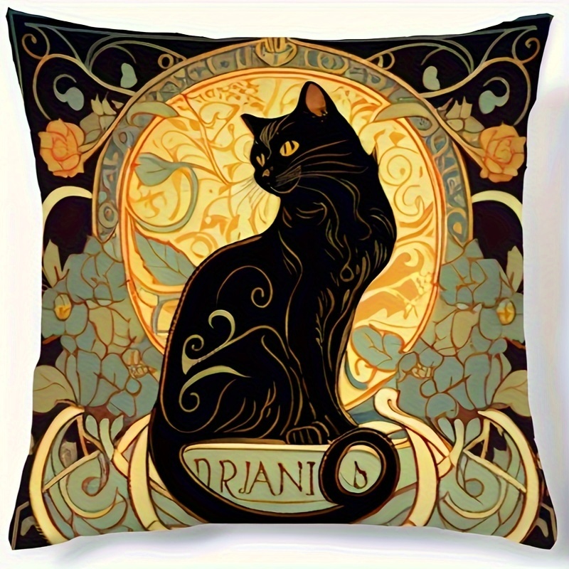 

Bohemian Retro Black Cat Single-sided Print Polyester Throw Pillow Cover, 17.7x17.7inch, Contemporary Style, For Bedroom Sofa Hotel Decor Cushion (pillow Core Not Included)