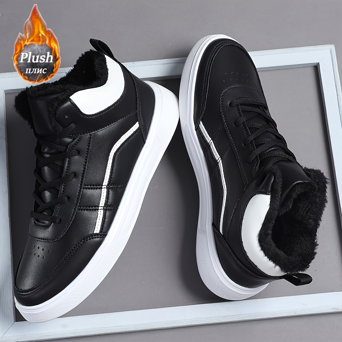 TEMU Men's Sneakers, High-top -lined Warm Casual Lace-up Sneakers For Autumn And Winter, Comfortable Footwear