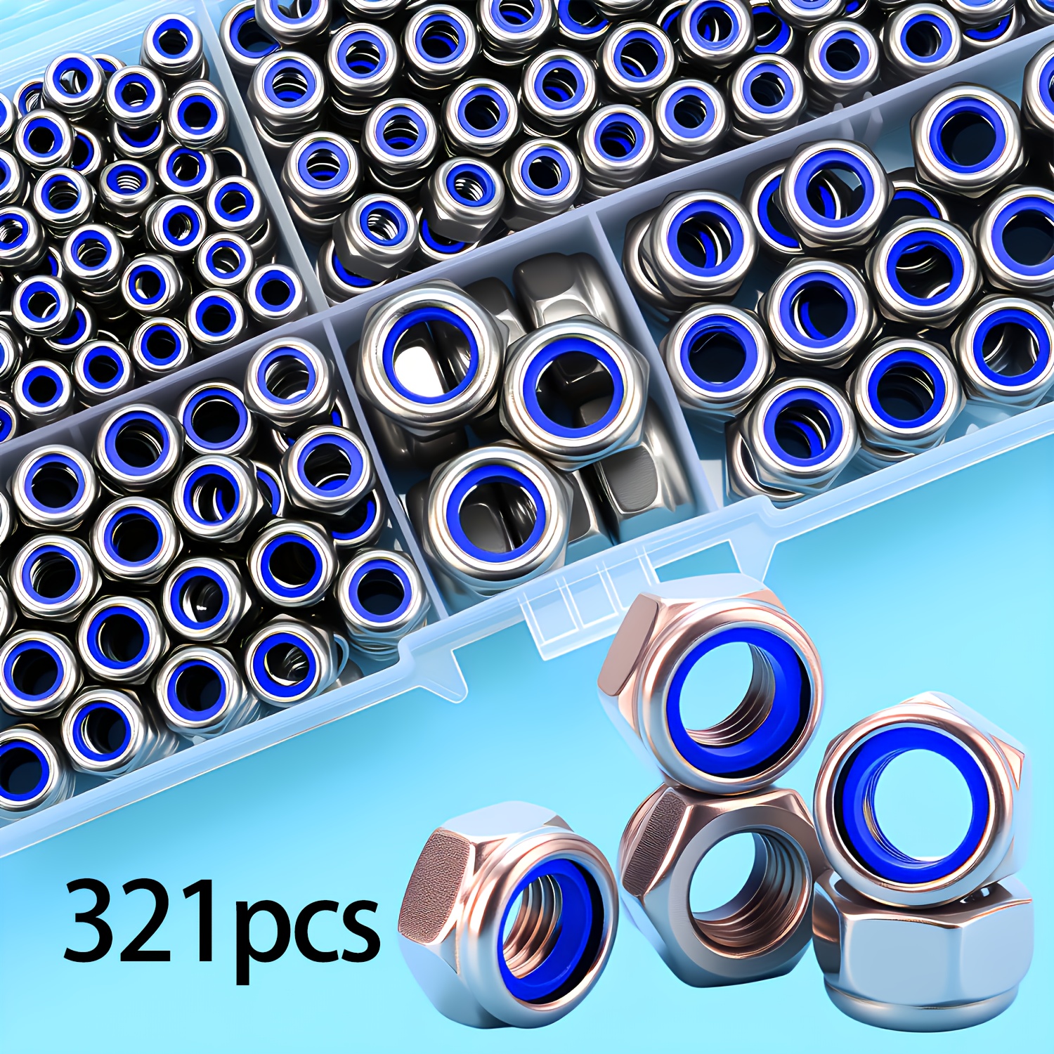 TEMU 321pcs Anti-lock Hexagonal Nuts - Anti-slip Designed Full-thread Fasteners, M3/m4/m5/m6/m8, For Industrial, Electronic, Automotive, Carbon Steel