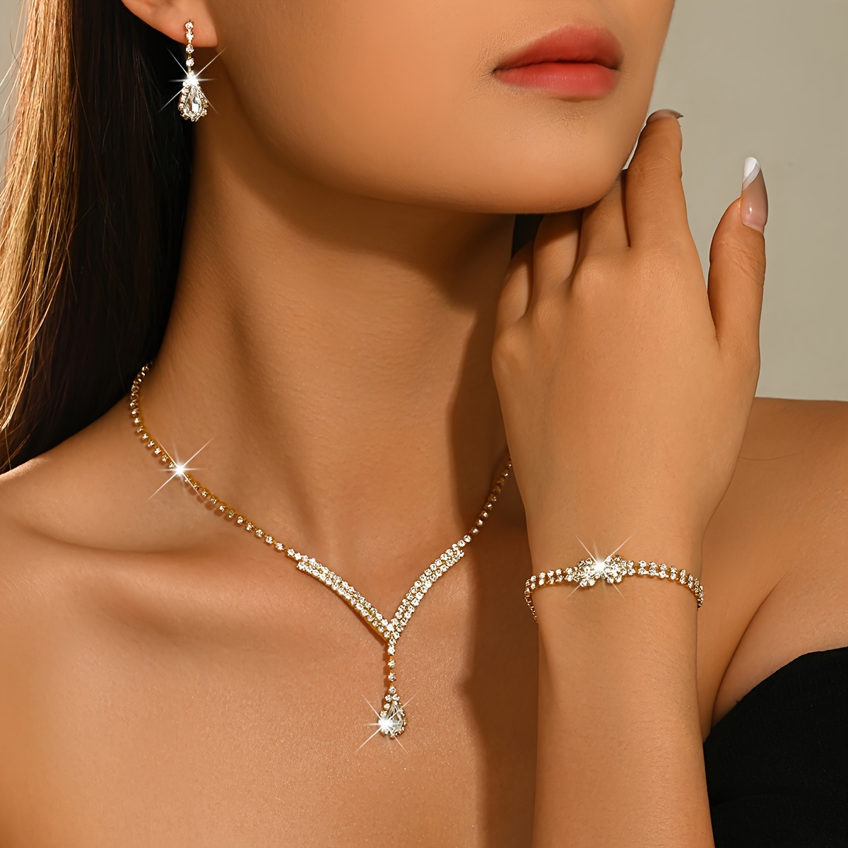 TEMU Elegant Temperament Water Drop Jewelry Set, Sparkling Rhinestone V-neck Necklace With Dangle Earrings And Bracelet, Formal Wedding Bride Prom