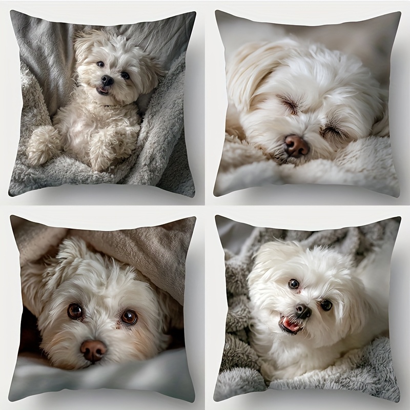 TEMU -4pcs Set, Printed Pillowcase, Maltese Theme, 45*45cm/18*18 Inches, Machine Washable, Zipper Closure. The Blanket Is Printed With Puppies In