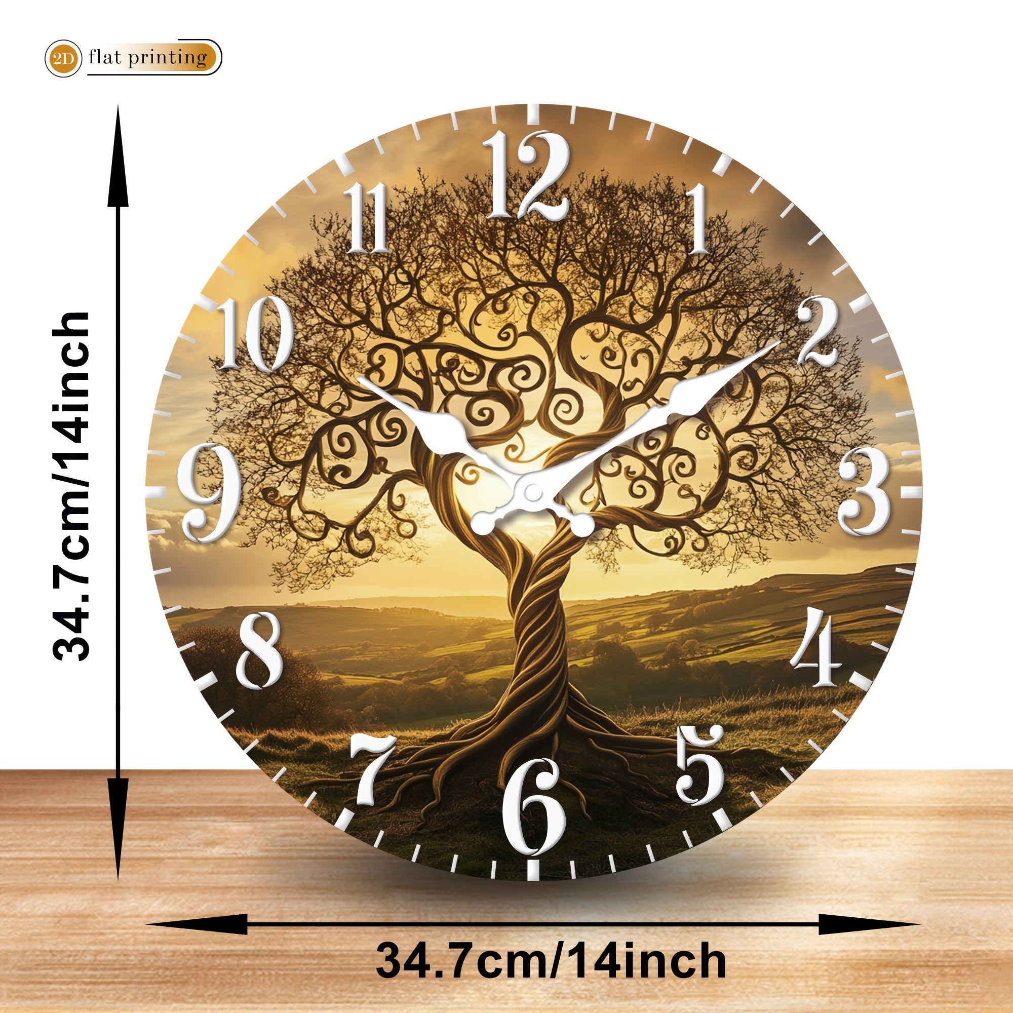 TEMU Tree Of Life Wall Clock With Landscape | Wooden Home Silent Wall Clock, 2d Flat Printing, Suitable For Living Rooms, Bedrooms, And Home Decor,