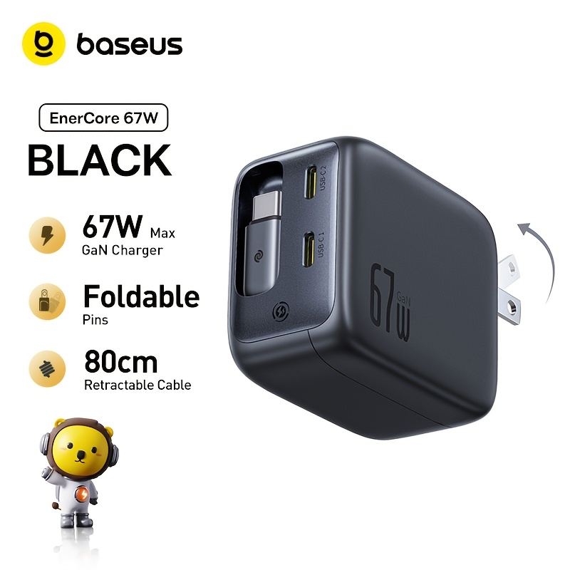 TEMU Black*1pc Baseus 67w Travel Charger Gan Charger With Usb C Retractable Cable Fast Charger For Iphone Poco Laptop Charger Pd Qc Pps