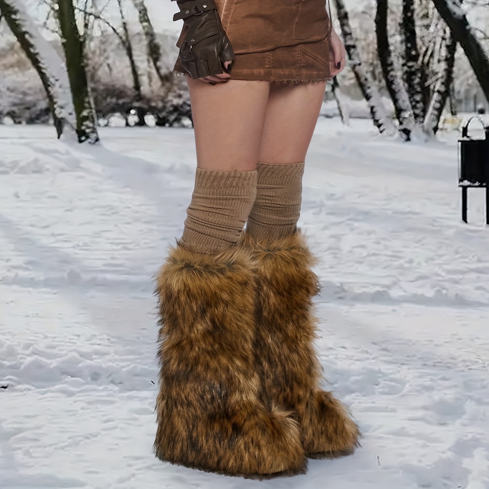 【Anyone more】Bolt Winter Fur Platform Sole Long Boots Amazon.com | QMFUR Women's Furry Faux Fur Boots Knee High