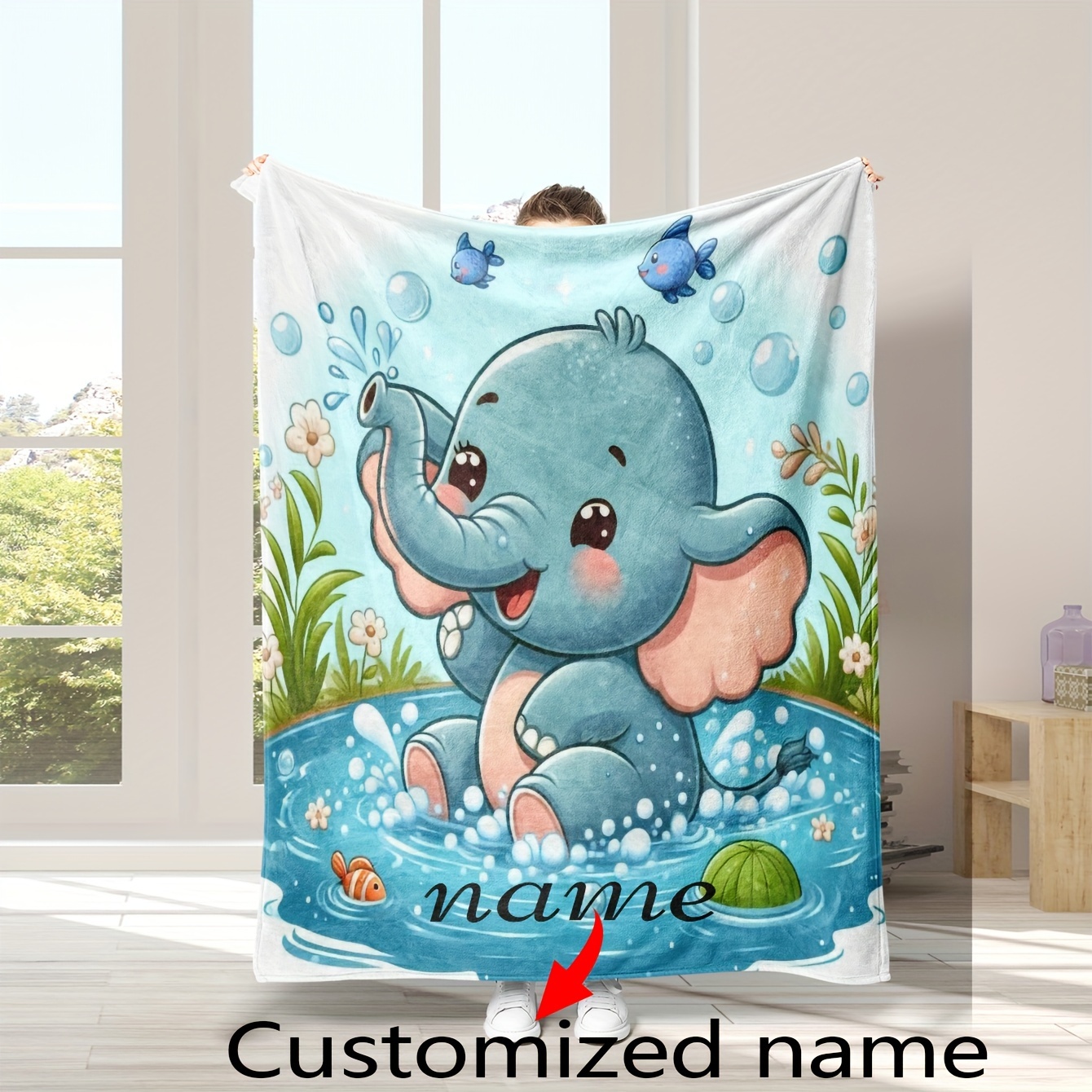 

Custom Name Elephant Flannel Fleece Blanket - Personalized Animal Print Throw For Boys, Girls, Friends, - Reversible Cozy Bedding For Sofa, Office, Camping, Gift - Machine Washable