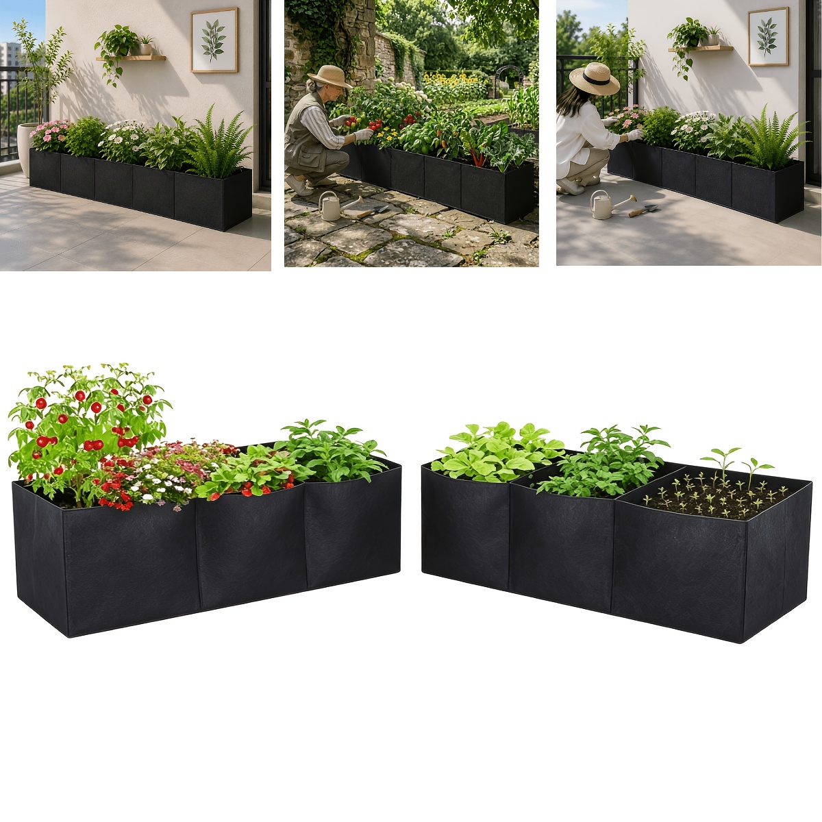 TEMU 2pcs Set Of 90cm Long Divided Raised Garden Beds, Felt Material, Diy Into Single Or Double With 6 Holes, 180cm Long Non-woven Fabric Planter