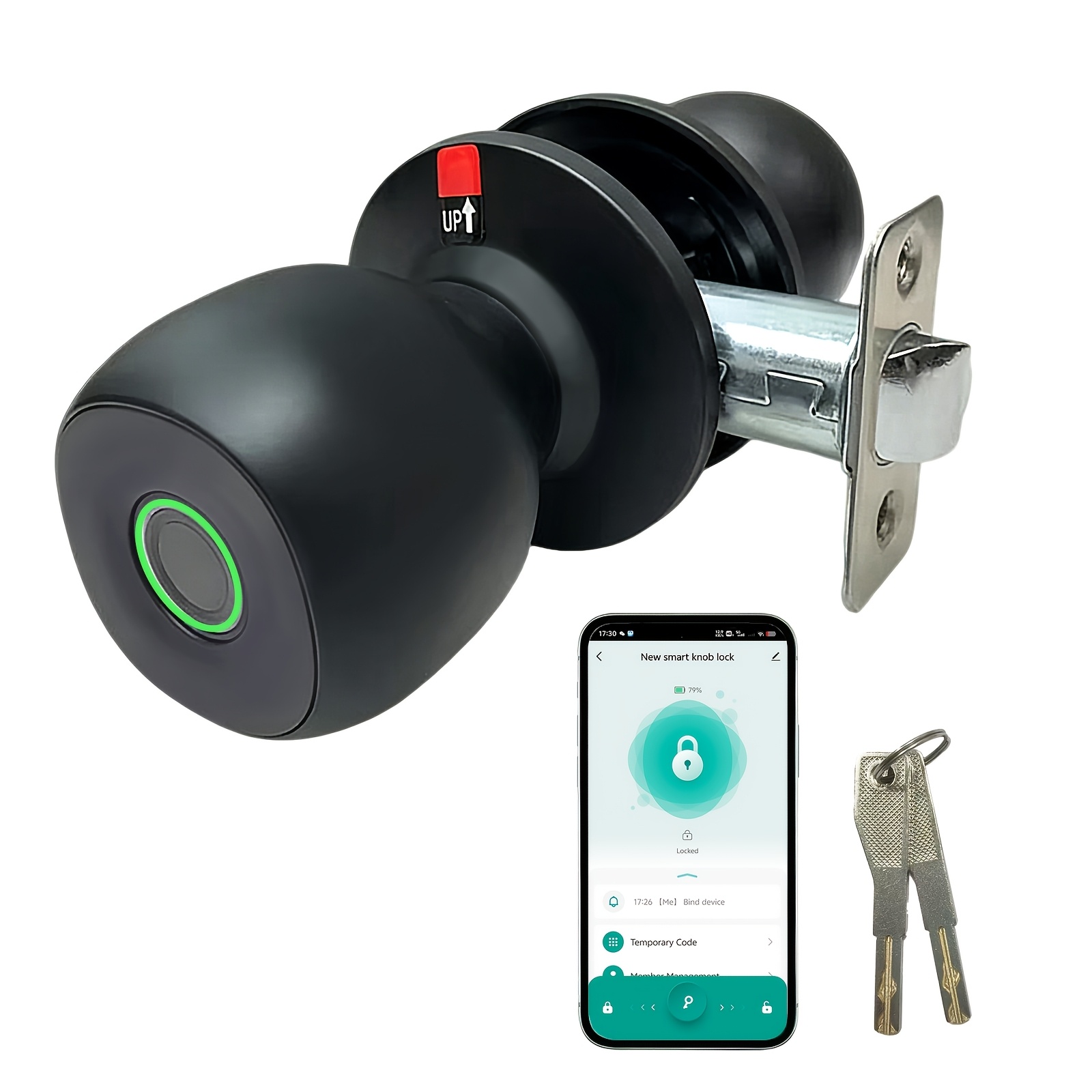 Fingerprint Smart Door Knob With Fingerprint & Keypad, App Controlled Biometric Keyless Entry Door Lock For Bedroom, Storage Room, Apartment, Office, Hotel(black)
