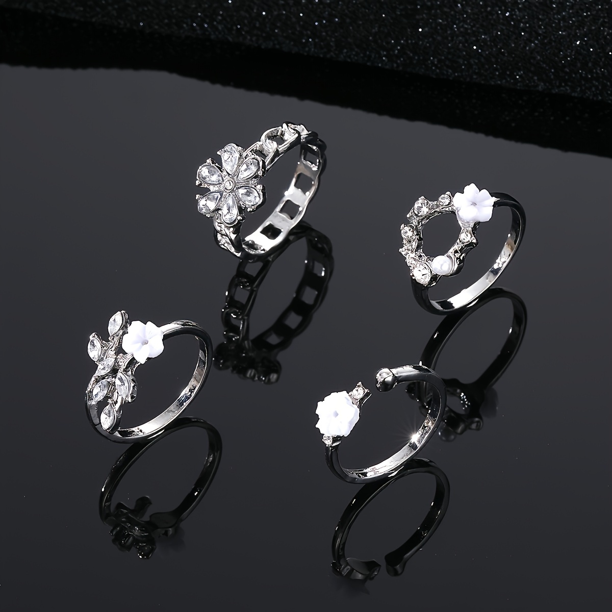 TEMU 4pcs Set -inspired Rhinestone Flower Irregular Ring Set Women's Fashion Individual Daily Party Matching Jewelry