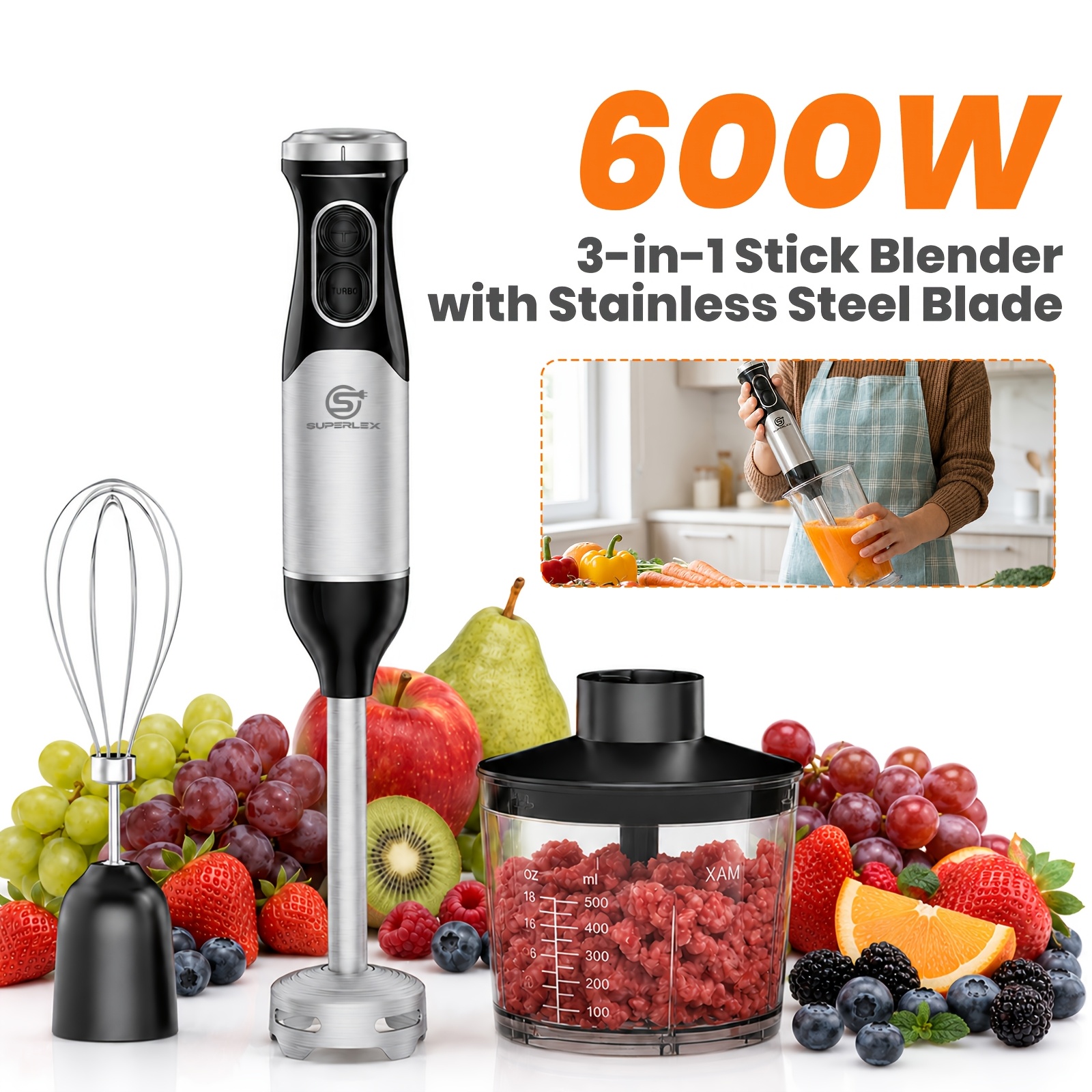 TEMU Superlex 600w 3-in-1 Hand Blender Features Stainless Steel Blade, 2-speed Control And Detachable Shaft With Scratch-resistant Housing. It