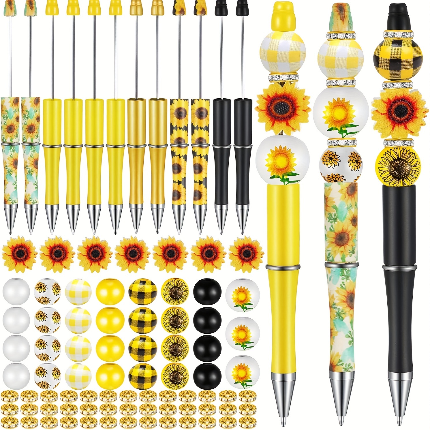 

89-piece Sunflower Beaded Pen Kit - Diy Craft Set With Wooden & Crystal Spacer Beads, Black Ink Pens For Personalized Gifts And School Supplies