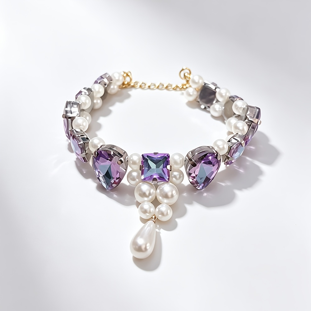 TEMU Light Luxury Amethyst Cat Collar, Cat Necklace, High-end Faux Pearl Necklace, Adjustable Pet Neck Accessory, Photo Prop, Purple- Gemstone Pet