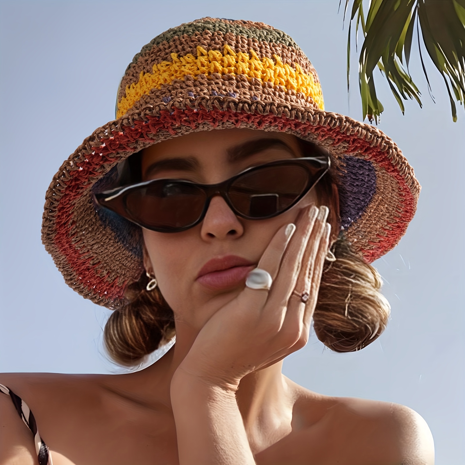stripe crochet straw sun hats women summer beach hat wide Temu - Main Image
