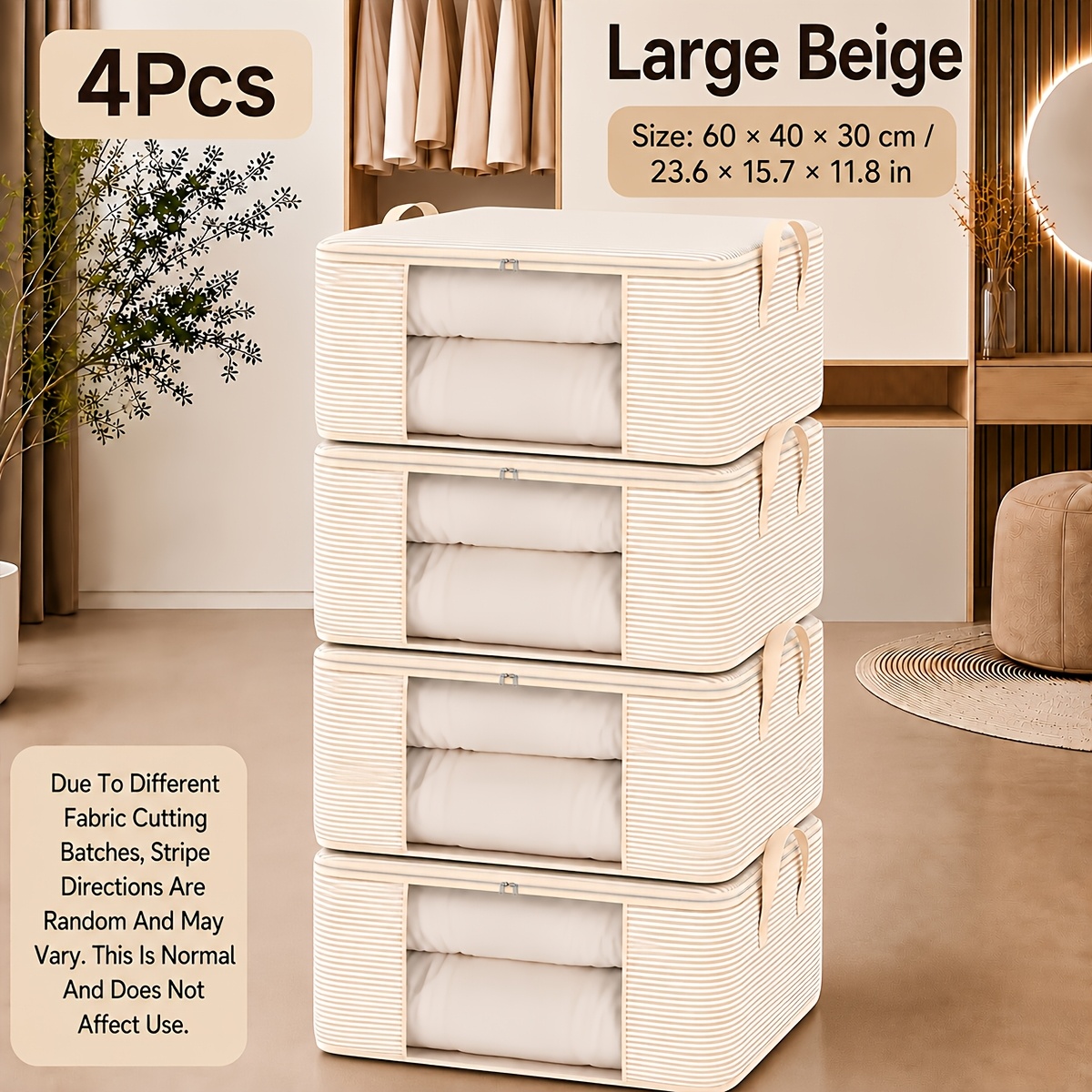 TEMU 2/4pcs Extra Large Storage Bag For Clothes, Upgraded Striped Closet Organizer With Clear Window And Sturdy Handles, Heavy Duty Dust-proof