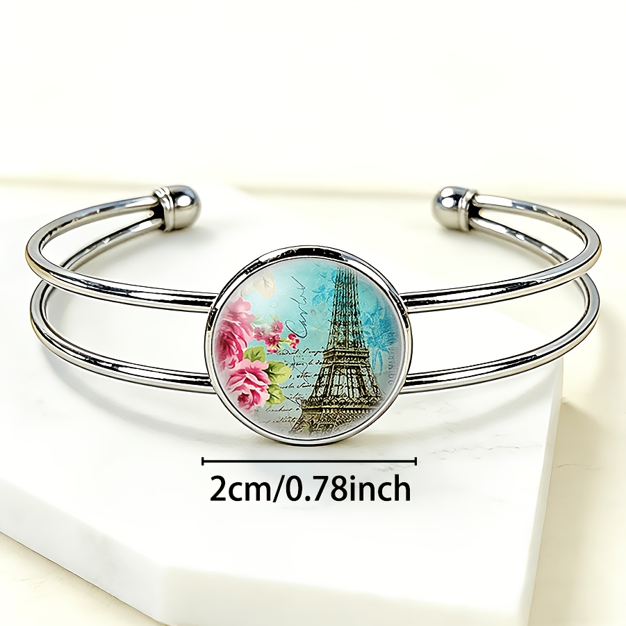 Adjustable Open Bangle with Round Time Gemstone Inlay, Eiffel Tower Design